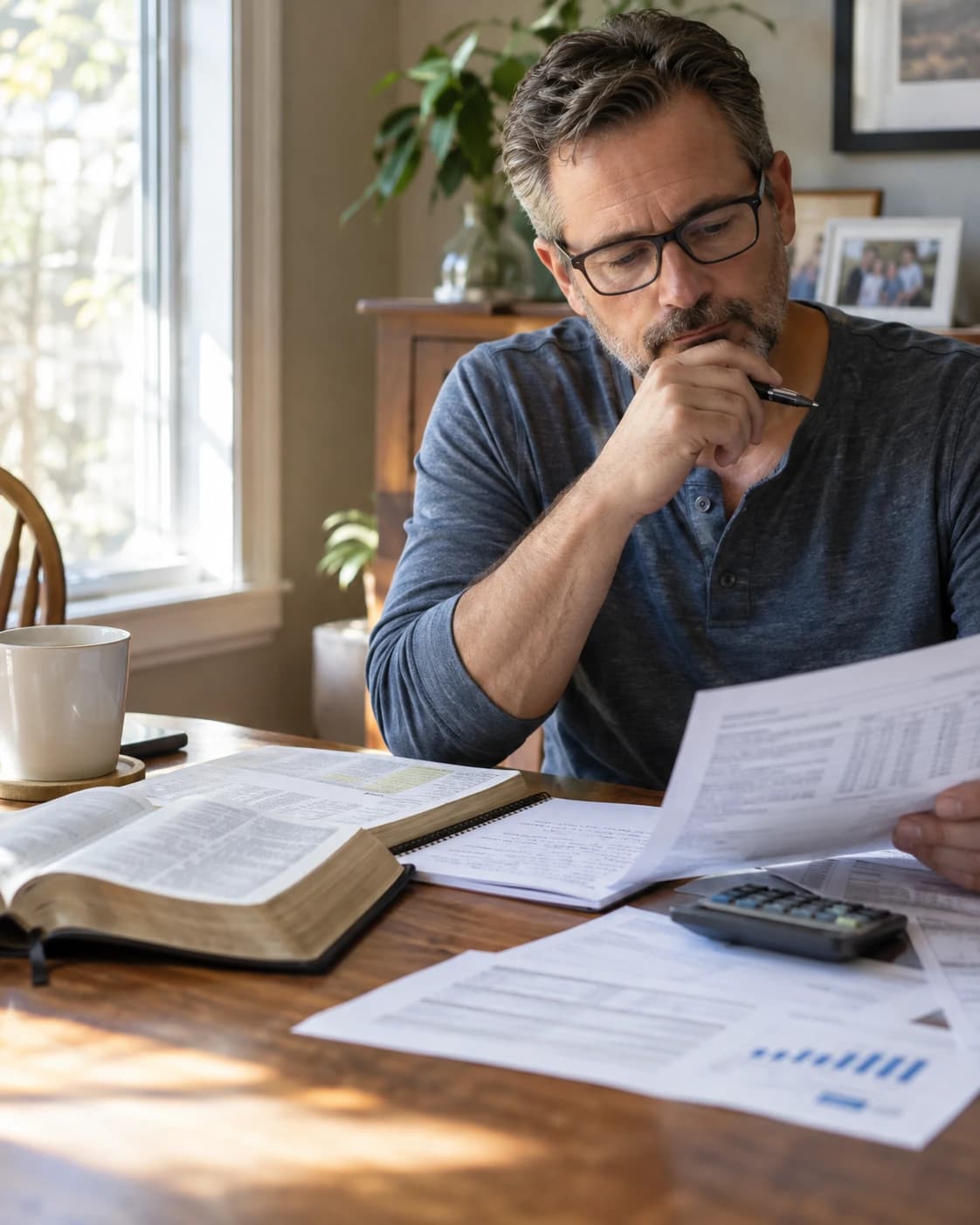 A man in glasses reviewing printed financial statements at a sunlit table, with an open Bible, a notebook and a calculator beside him