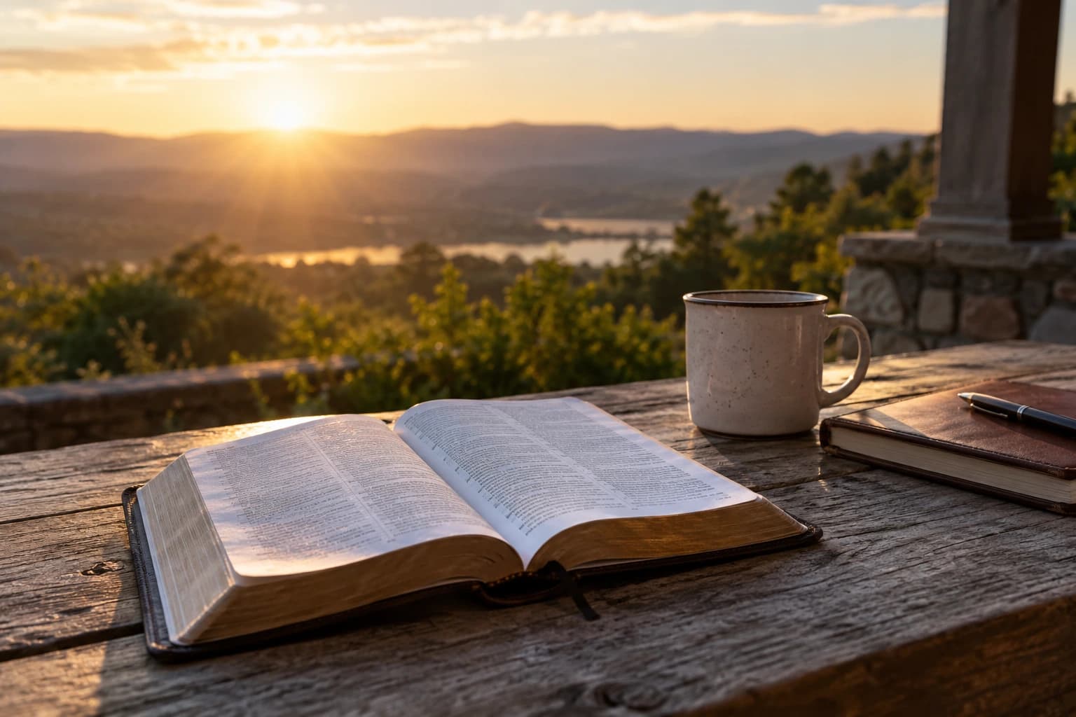 An open Bible and coffee mug on a weathered wooden table at sunrise, with hills beyond.