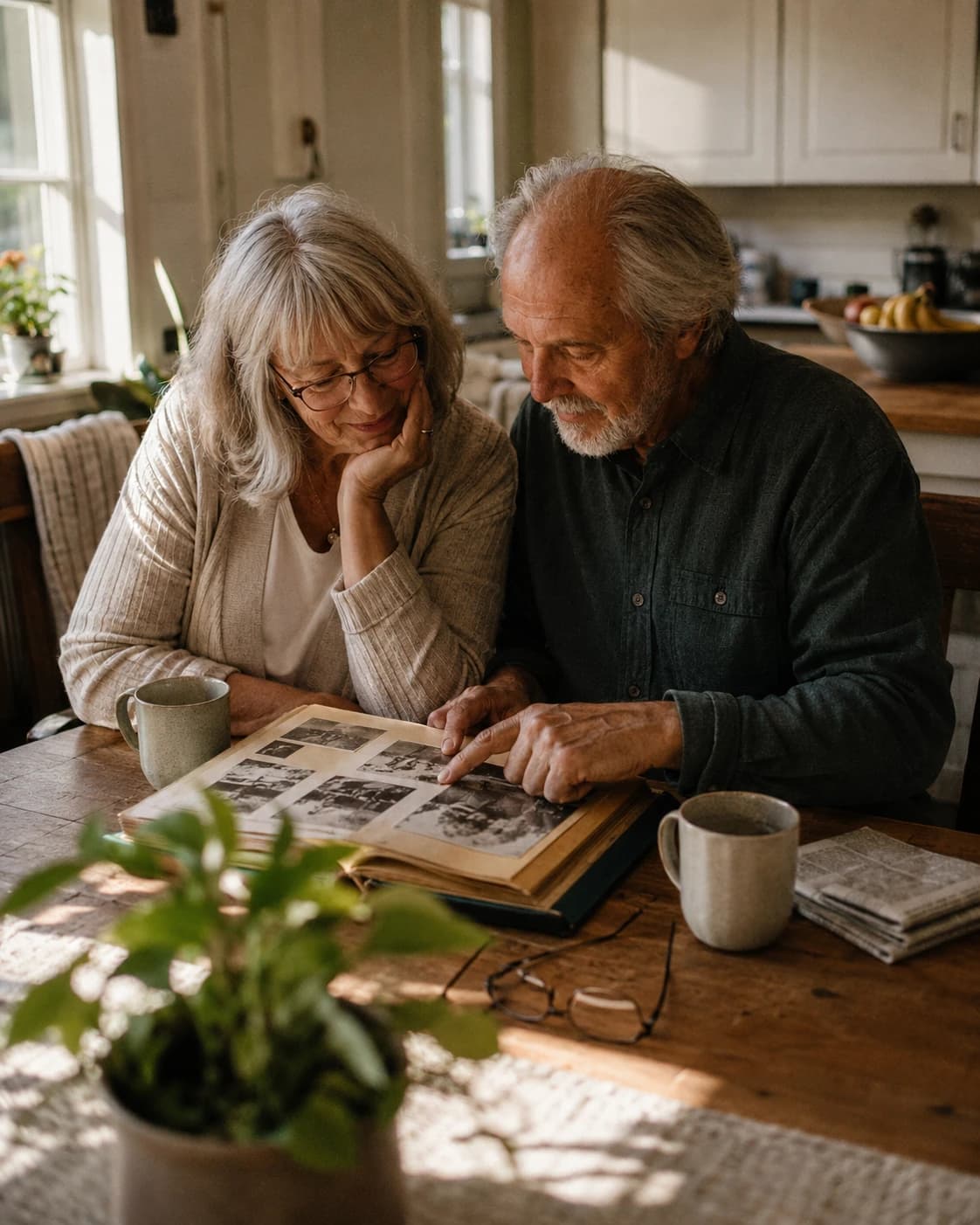 An older couple looking through a photo album together at their kitchen table