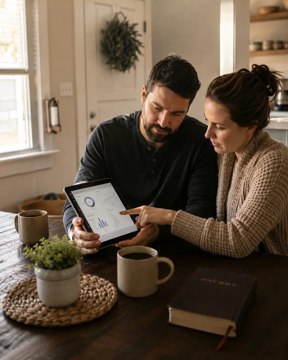 A couple reviewing their investment portfolio on a tablet together at their kitchen table in the morning light