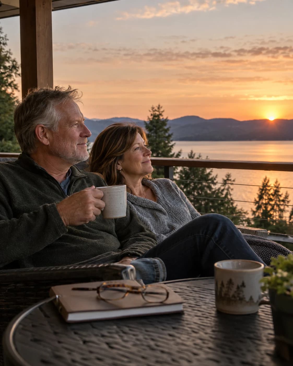 An older couple sitting together on a porch overlooking a lake at sunset
