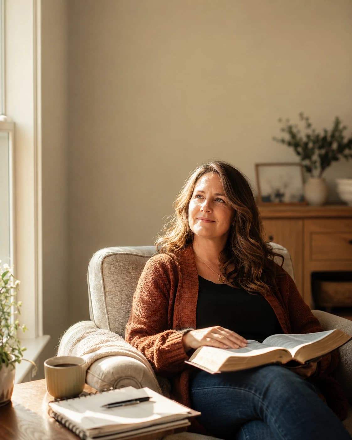 A woman sitting in an armchair by a sunlit window, pausing thoughtfully with an open Bible in her lap and a notebook and coffee nearby