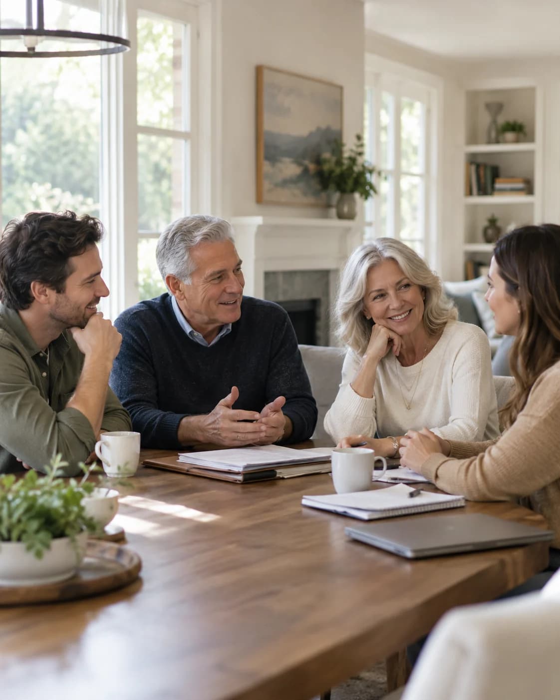 Two generations of a family reviewing documents together at a dining table