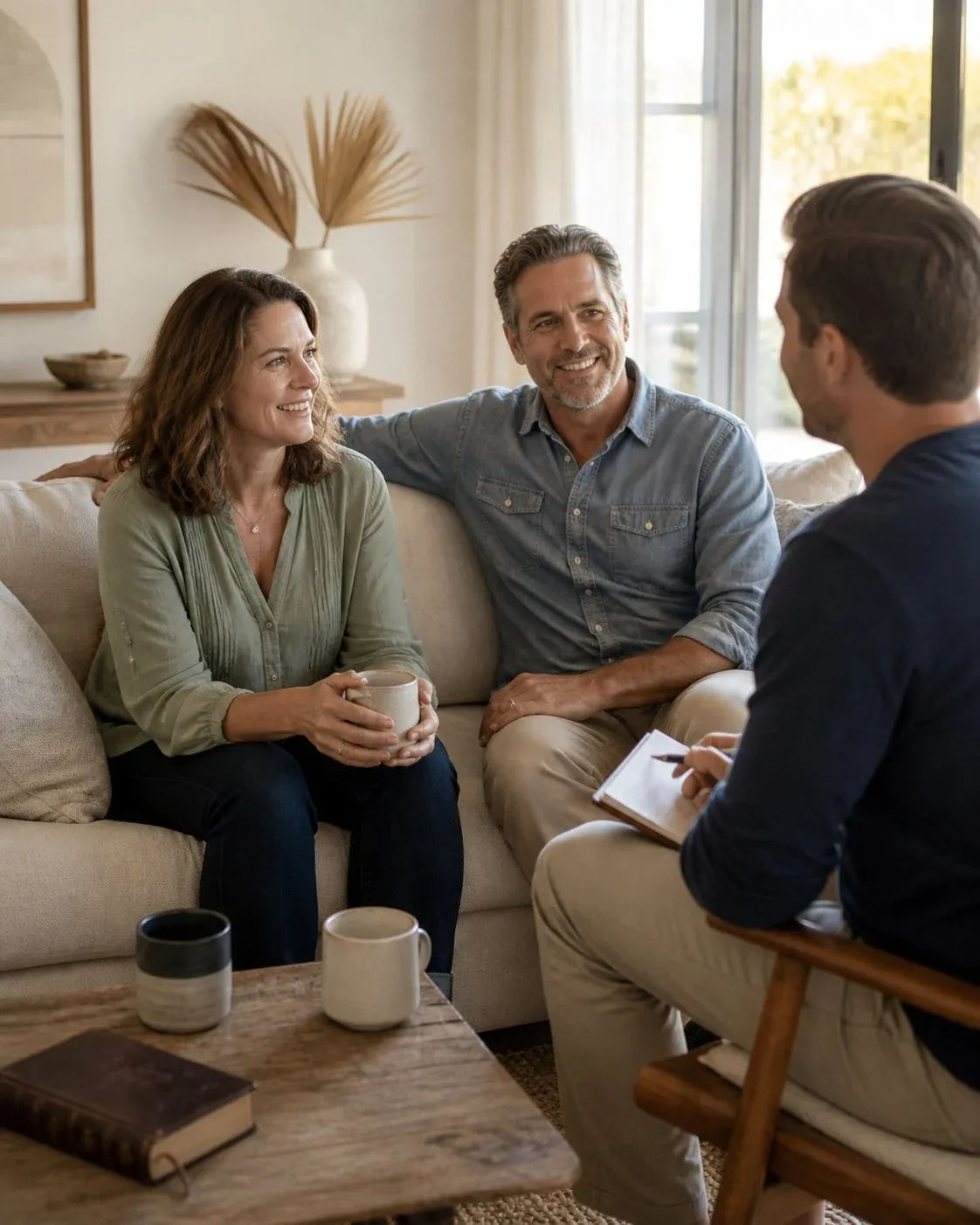 A couple sharing a warm conversation with their financial advisor in a sunlit living room