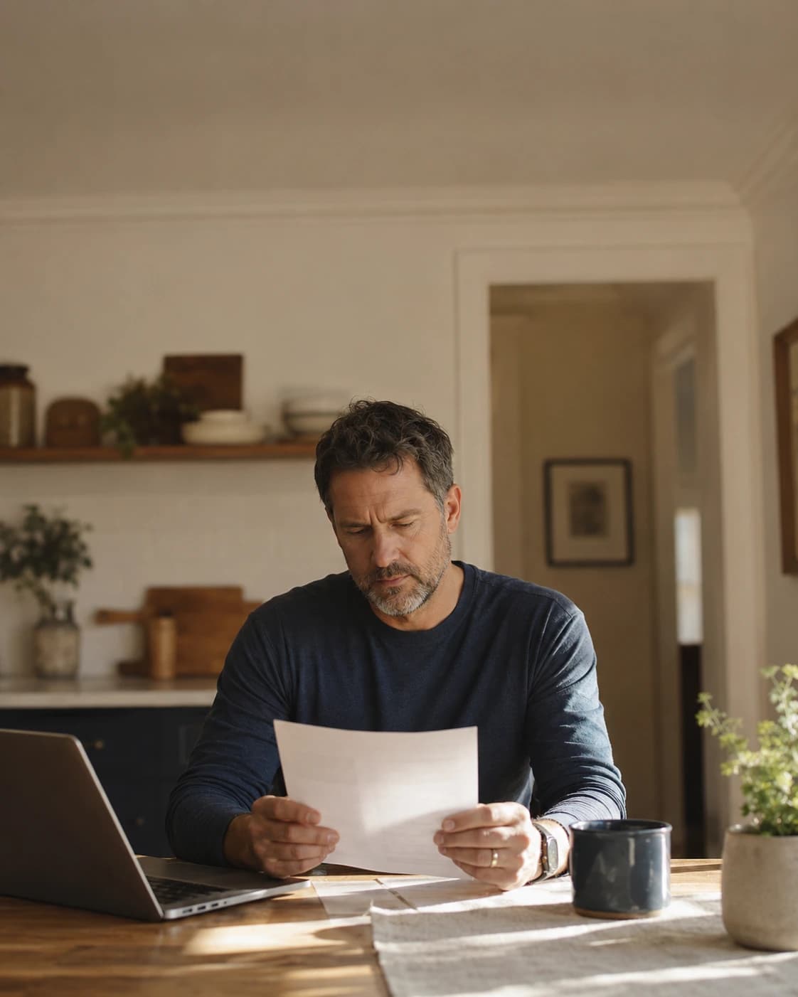 A man sitting at his kitchen table on a quiet morning, studying a printed investment statement with a thoughtful expression
