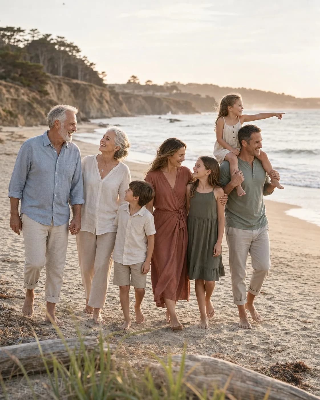 Three generations of a family walking together along a beach at sunset