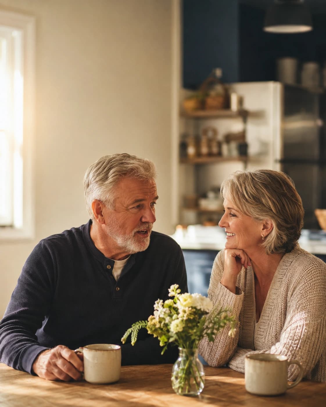 A husband and wife sharing coffee and conversation at their kitchen table on a bright morning