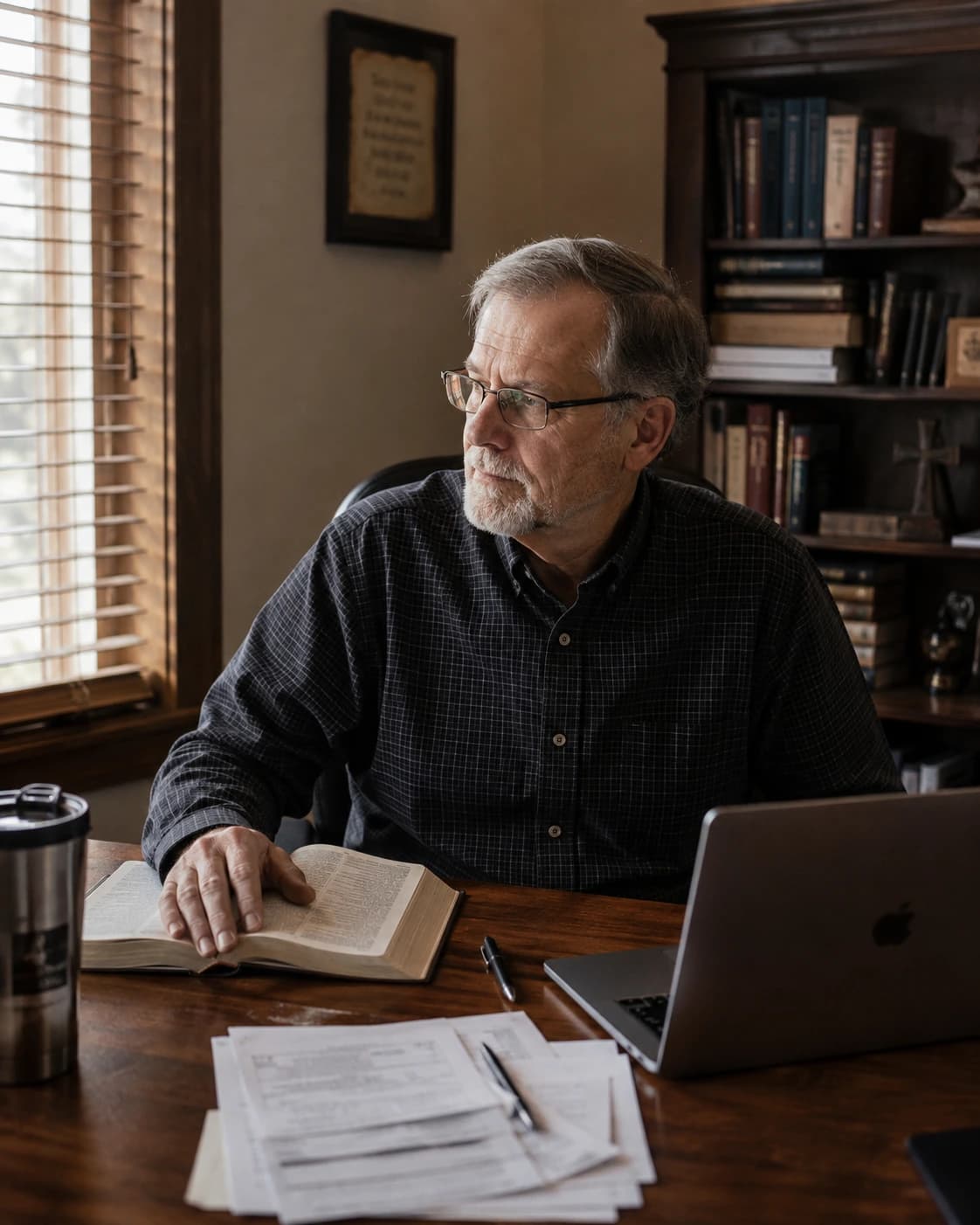 A pastor pausing at his desk with an open Bible and financial paperwork, looking out the window in morning light