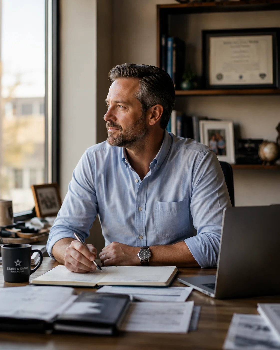 A small business owner writing in a ledger at his desk, pausing to look out the window in the morning light