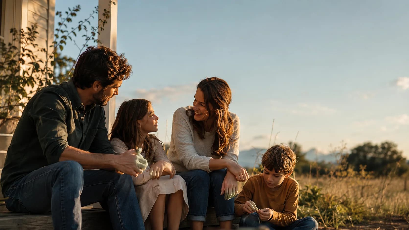 A family of four talking together on their porch steps at golden hour
