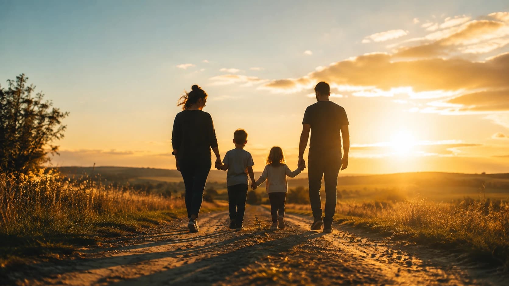 A family walking together along a countryside path at golden hour
