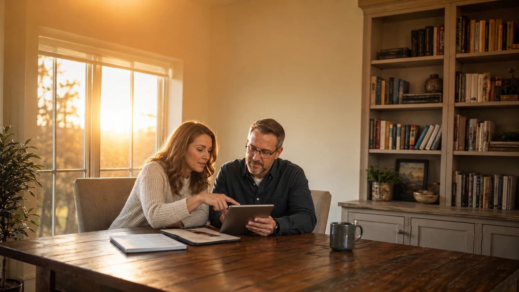 A financial advisor and client reviewing a tablet together at a wood table in a home office at golden hour, a bookshelf visible behind them