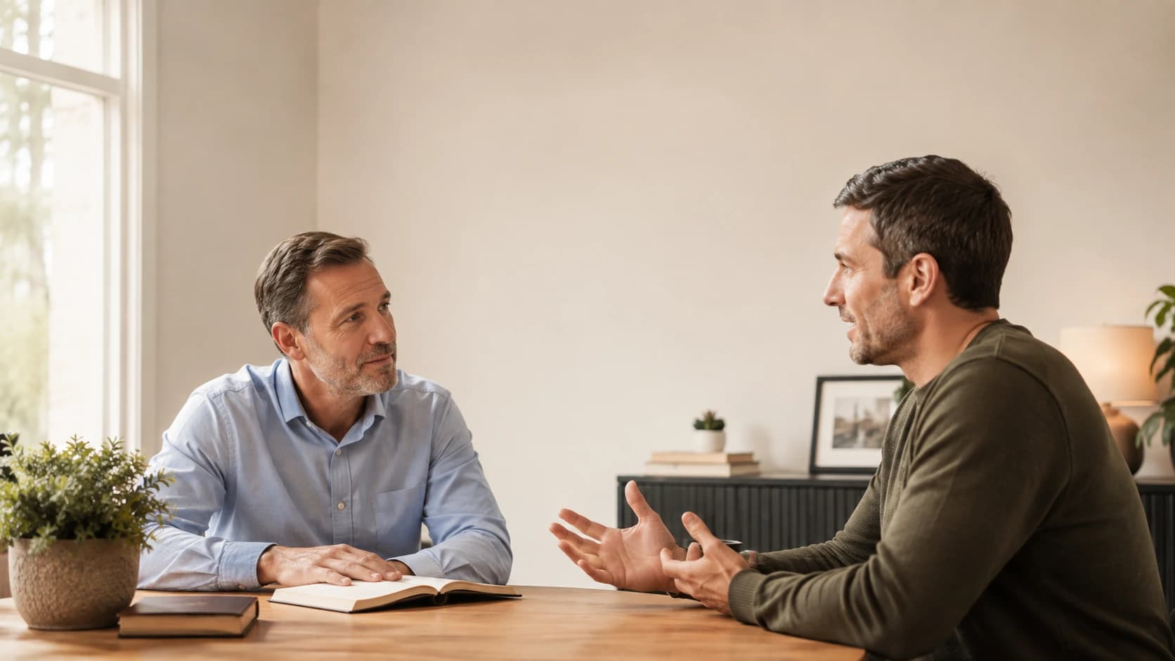 A financial advisor and a client in genuine conversation at a table, an open Bible resting nearby