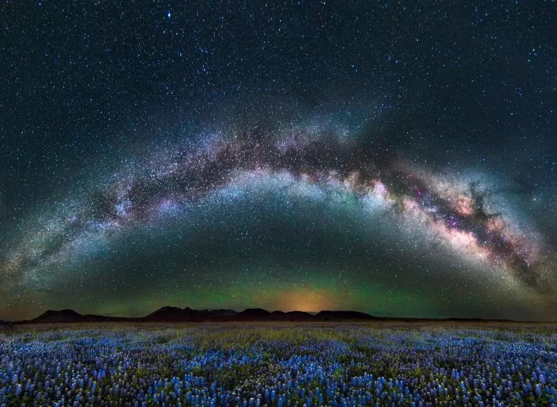 A stone arch beneath the Milky Way over a field of Texas bluebonnets at night