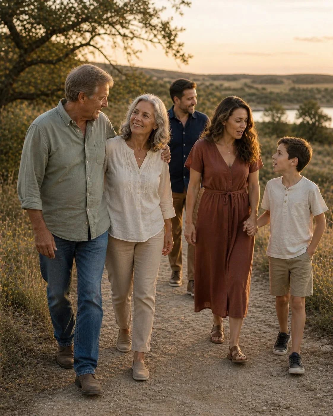 A multi-generational family walking together on a trail at sunset