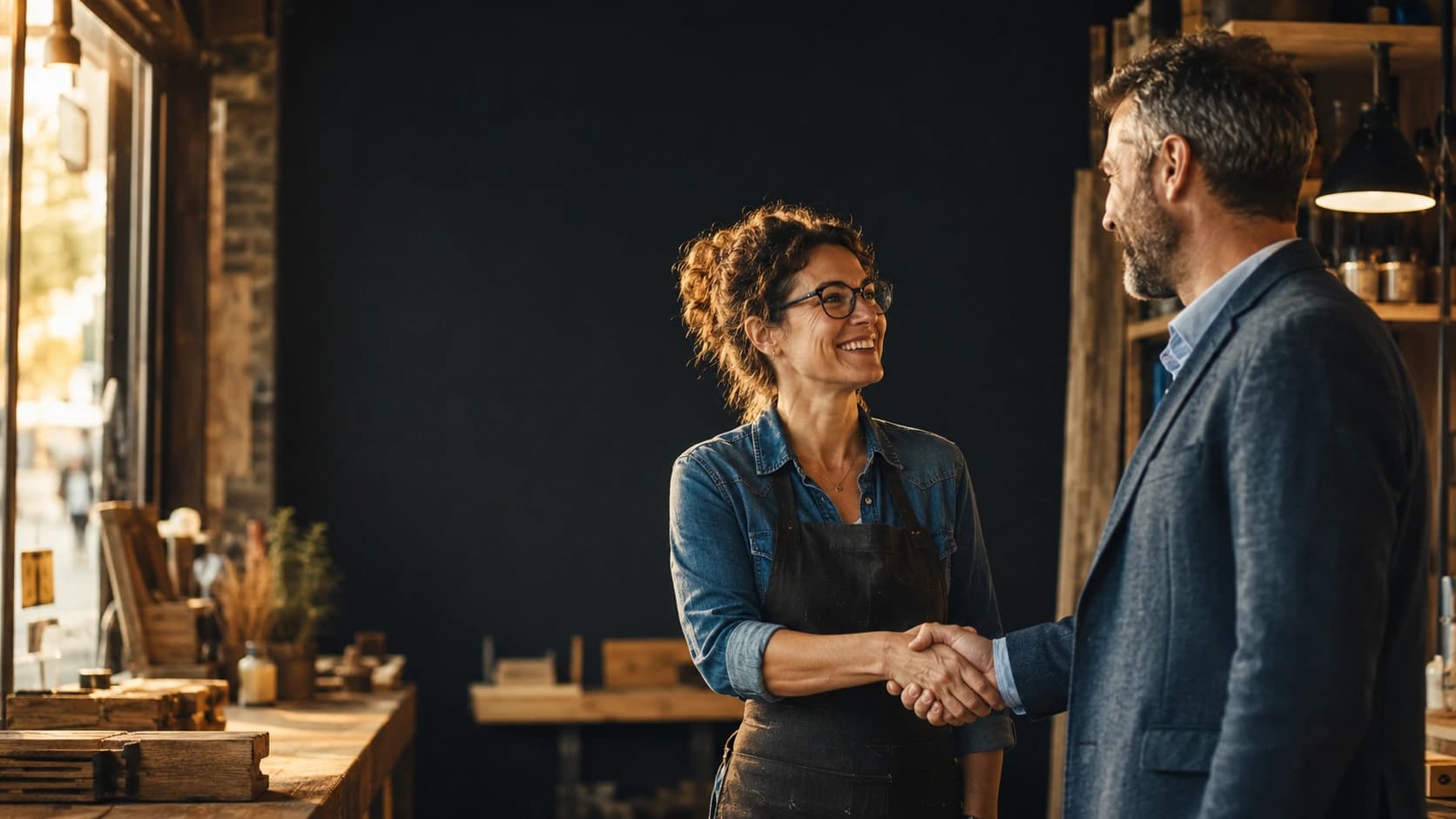 A small business owner shaking hands with her advisor in her workshop