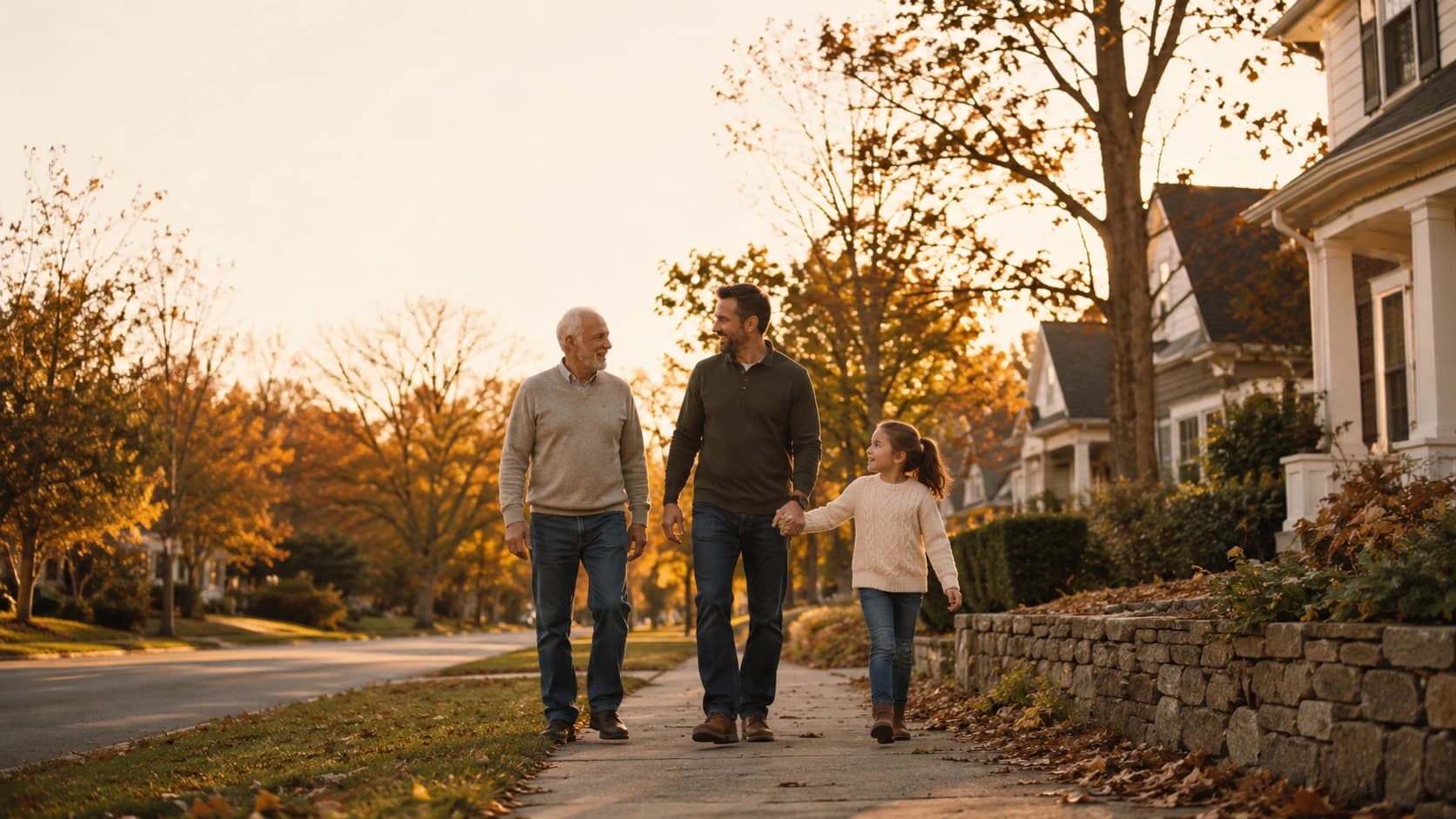 A grandfather, father, and granddaughter walking together on a tree-lined neighborhood sidewalk at golden hour
