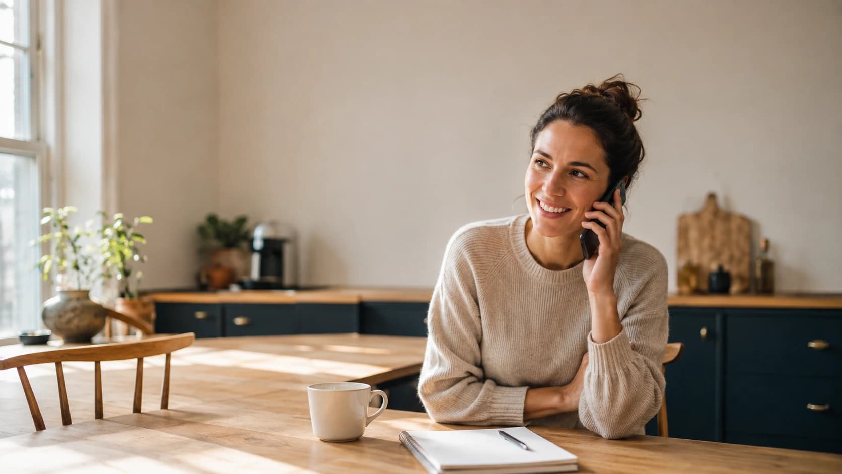 A woman smiling mid-conversation on a phone call at her kitchen table, a notepad and coffee nearby